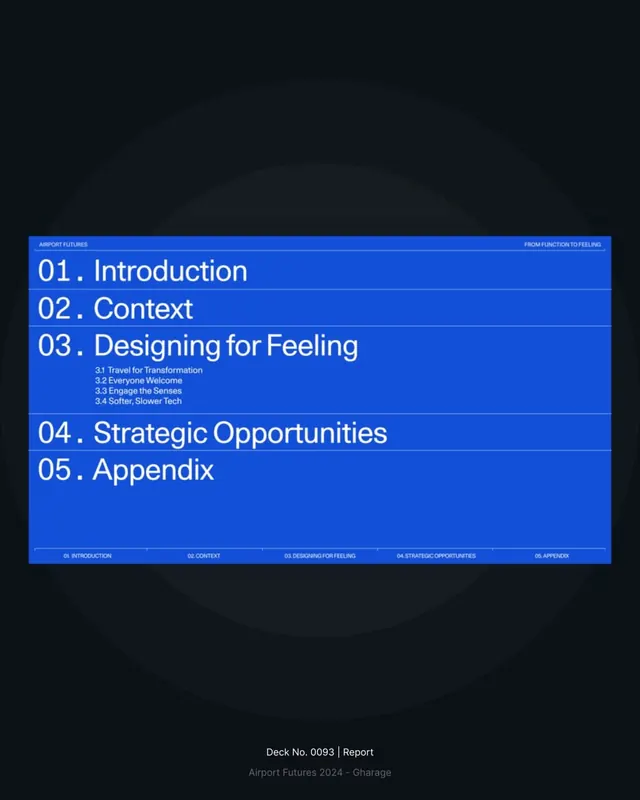 Airport Futures deck contents table, blue gradient, minimal, gradient-heavy, dark