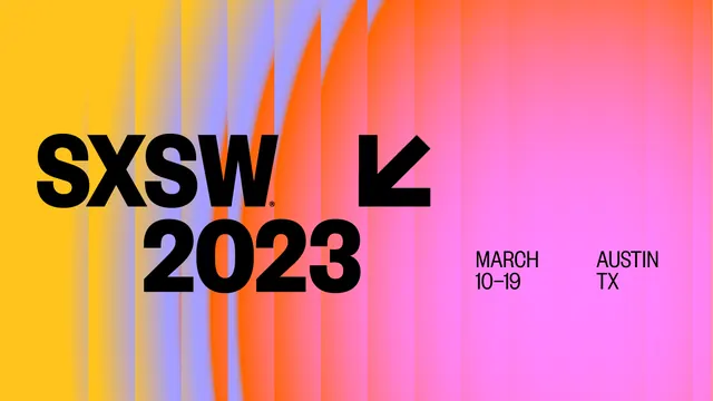 SXSW 2023 poster with gradient and bold serif, gradient-heavy, geometric, warm
