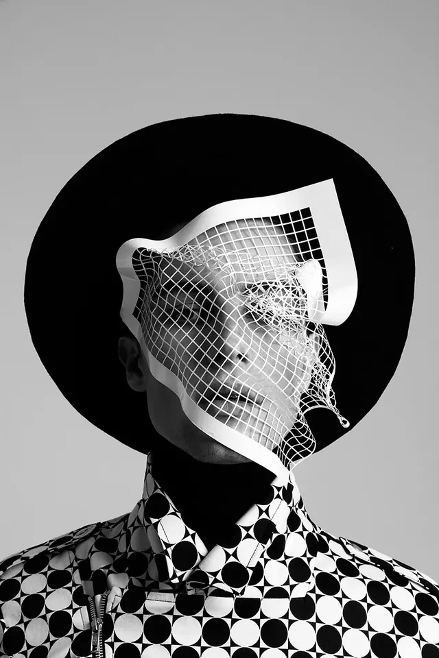 Geometric Portrait Collage, monochrome, brutalist, monochrome