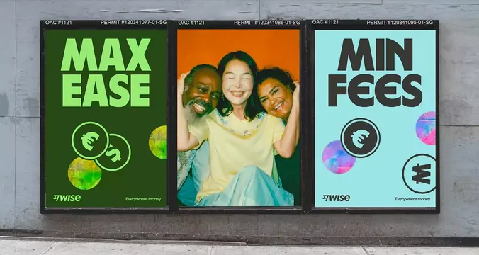 Wise fintech street posters with neon color blocking, minimal, flat, vibrant