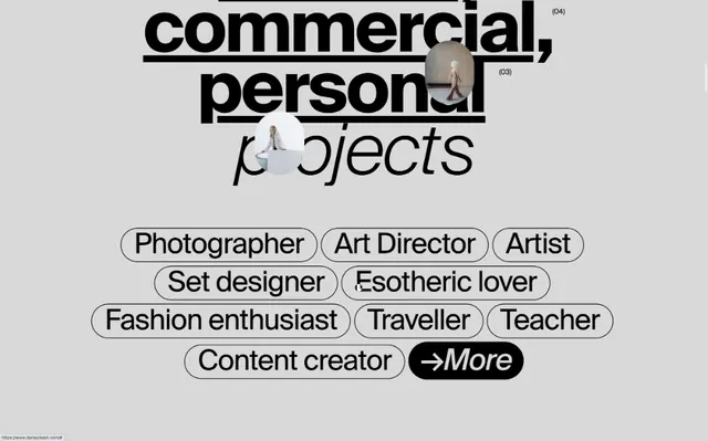 Creative roles type specimen with pill labels and mixed typeface, minimal, editorial, dark