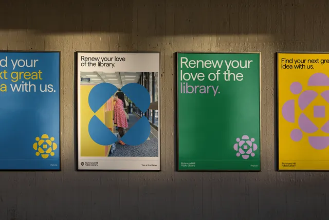 Library campaign posters with bold color-blocking, minimal, corporate-clean, vibrant