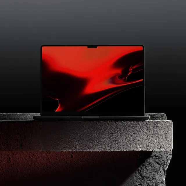 Laptop Mockup with Abstract Red Wallpaper, minimal, luxury, dark
