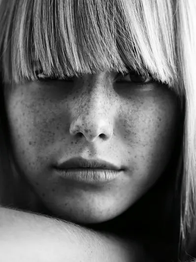Monochrome Portrait of a Woman with Bangs, monochrome, photographic, monochrome