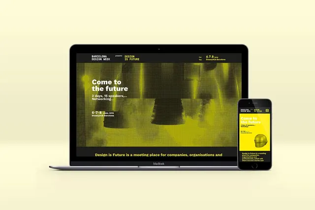 Design is Future event website device mockup, dark-mode, geometric, dark