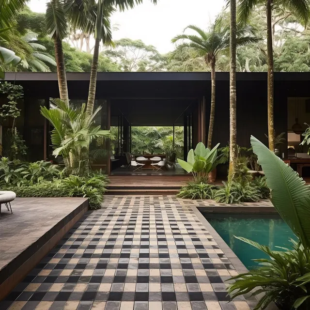 Modern Tropical Poolside Lounge, luxury, photographic, earthy