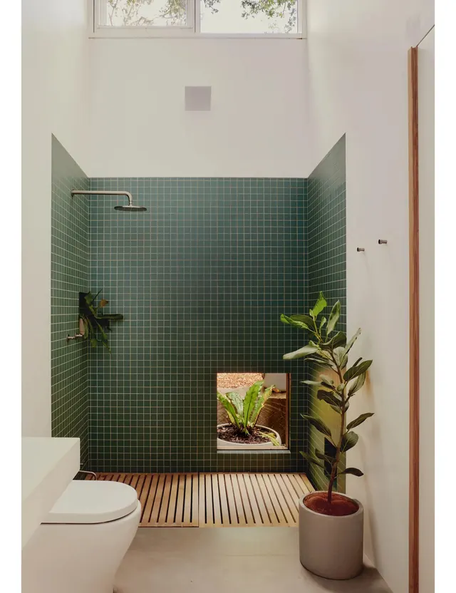 Modern Bathroom Interior with Teal Tiling, minimal, photographic, cool