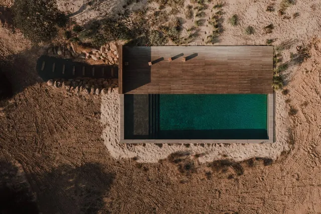 Aerial View of Modern Pool and Deck, minimal, photographic, earthy