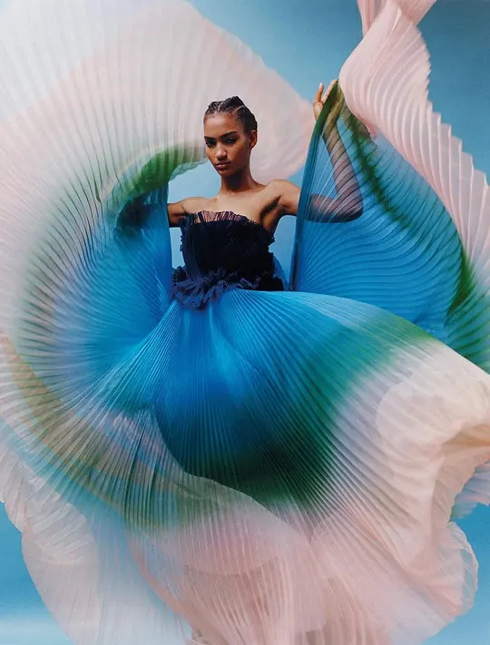 Woman in Gradient Ruffled Gown, luxury, photographic, vibrant