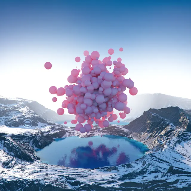 Pink Bubbles Over Alpine Lake, organic, 3d-render, pastel