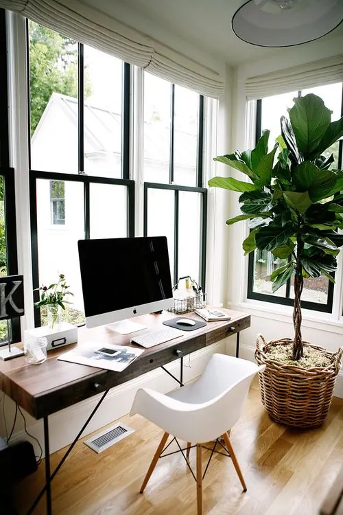 Modern Workspace Interior with Computer Setup, minimal, photographic, light
