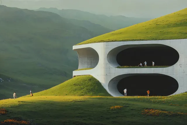 Futuristic Hillside Architecture, minimal, organic, light