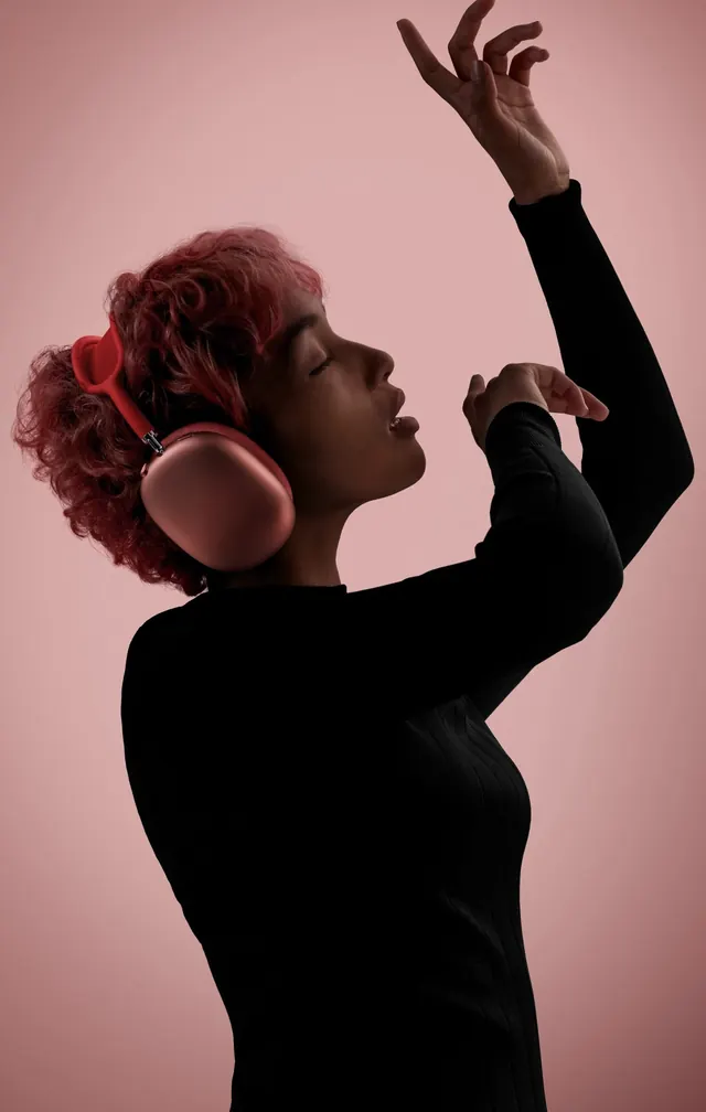 Woman with Pink Hair and Headphones, photographic, vibrant