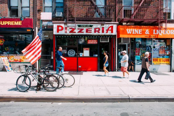 Urban Pizza Shop Street Scene, photographic, maximalist, vibrant