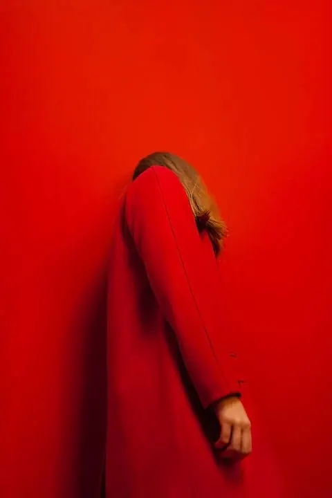Red Coat Portrait, minimal, photographic, vibrant