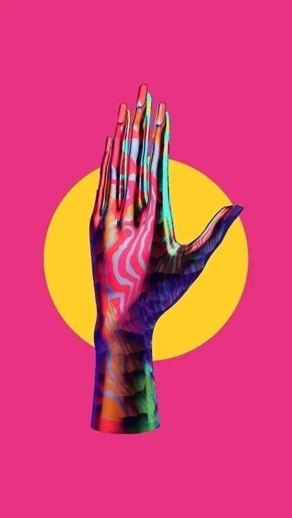 Iridescent Hand Graphic, gradient-heavy, playful, vibrant