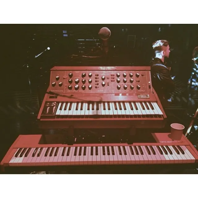Analog Synthesizer and Keyboard Setup, photographic, retro, dark