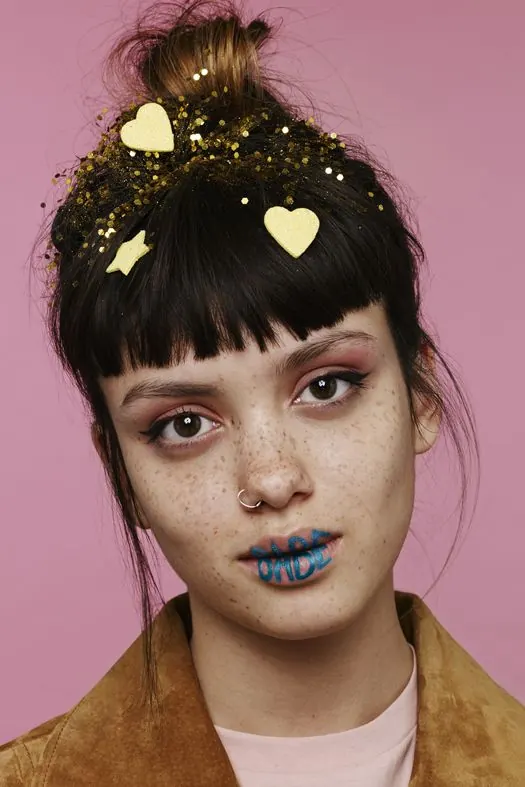 Portrait of a Woman with Glitter and Face Paint, maximalist, playful, vibrant