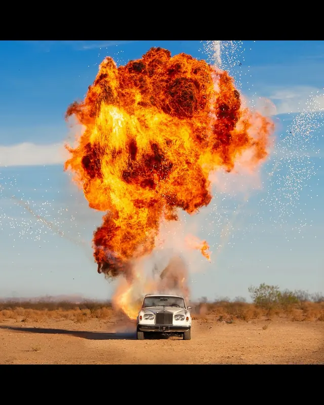 Exploding SUV in Desert, photographic, maximalist, vibrant
