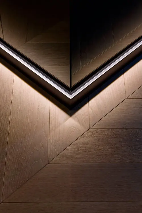 Geometric Wood and Light Architecture, minimal, luxury, dark