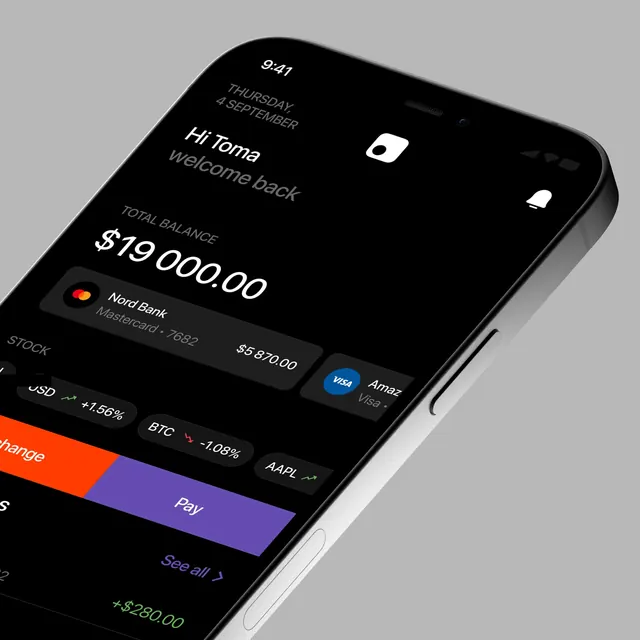 Mobile Banking App UI Mockup, minimal, dark-mode, dark