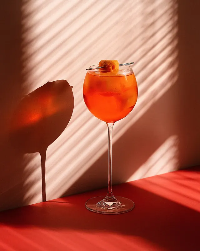 Aperol Spritz with Shadow Play, photographic, minimal, vibrant