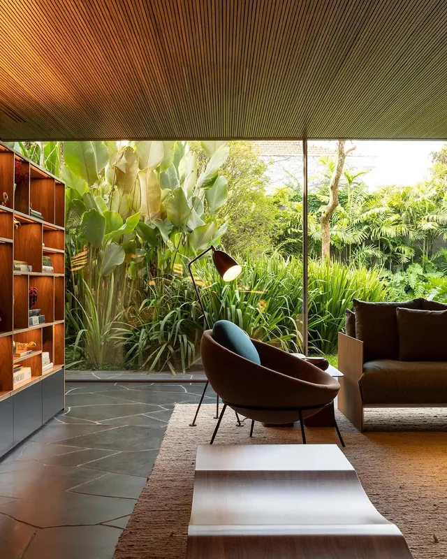 Modern Interior with Tropical Garden View, minimal, organic, earthy