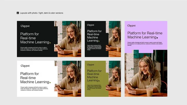 Machine learning platform layouts with lifestyle photography, corporate-clean, minimal, vibrant