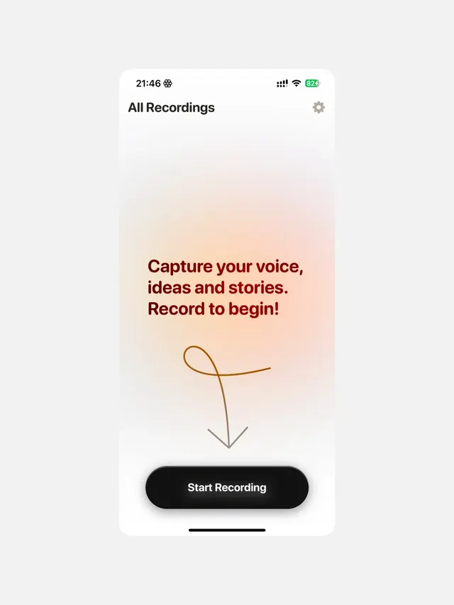 Voice recording app mobile interface, minimal, gradient-heavy, light