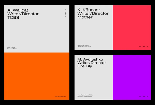 Film production color-blocked credit cards, minimal, geometric, high-contrast