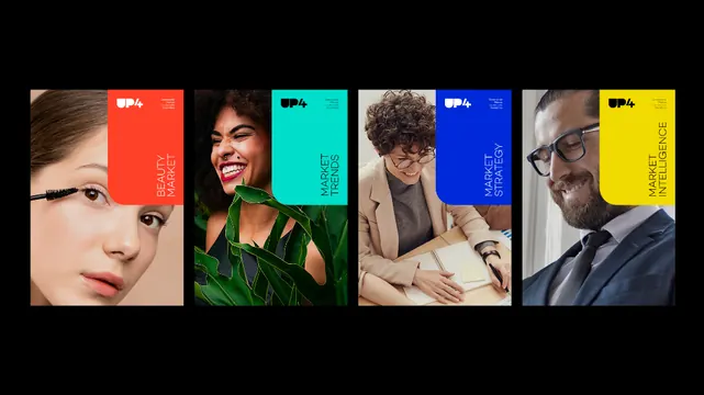 UP4 portrait grid with bold color blocks, corporate-clean, minimal, vibrant