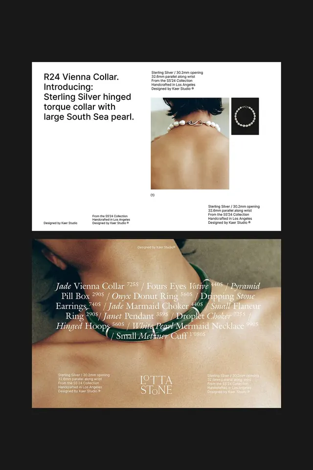 Jewelry catalog spreads by Kaer Studio, minimal, luxury, light