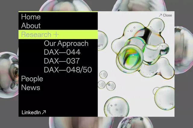 Biotech interface with iridescent bubble navigation, organic, minimal, dark