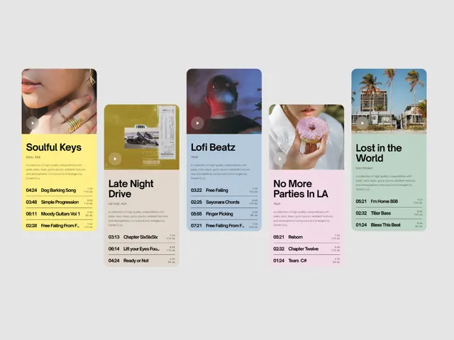 Colorful music playlist cards with genre and artist labels, minimal, flat, light