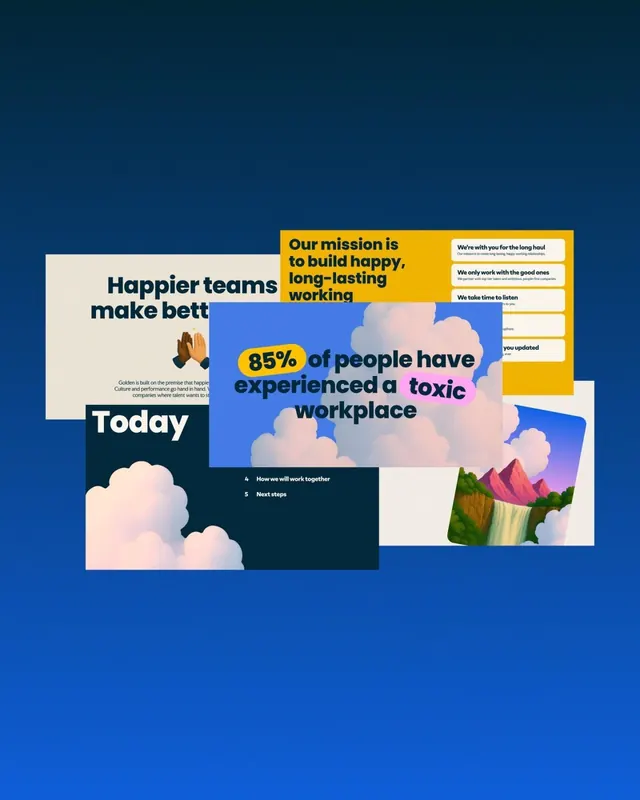 Blue workplace culture slide with overlapping text and cloud illustrations, illustrated, gradient-heavy, cool