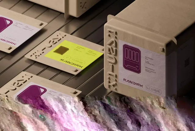 Kraft tech-product packaging with neon accent, minimal, technical, muted