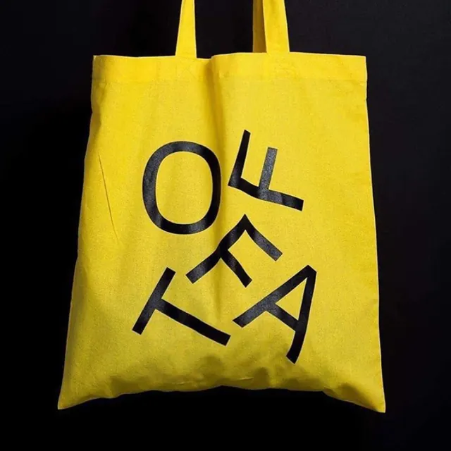 Yellow Tote Bag with Graphic Typography, minimal, brutalist, vibrant
