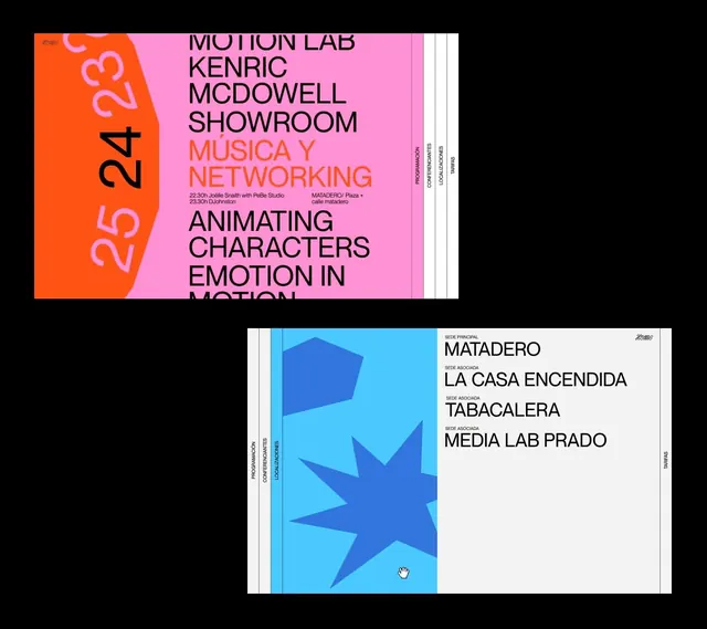 Motion Lab and Matadero event posters, minimal, brutalist, warm