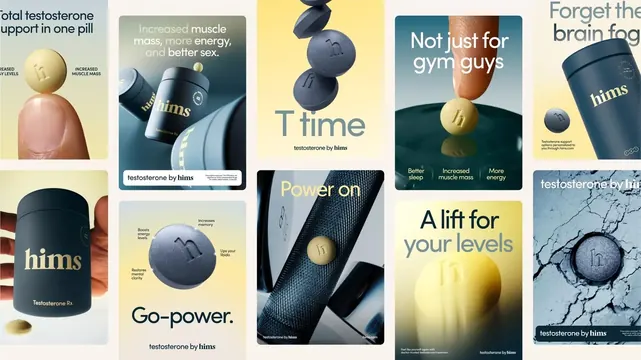 Hims testosterone campaign grid, minimal, corporate-clean, dark
