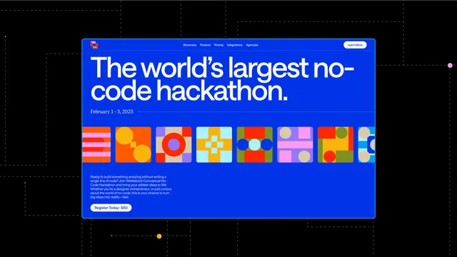 No-code hackathon event hero, geometric, flat, vibrant