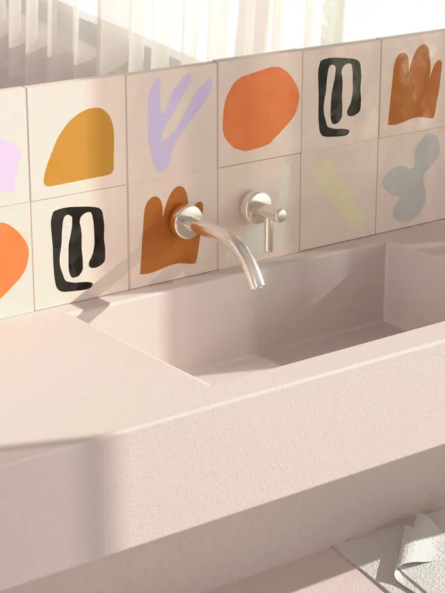 Abstract Tile Bathroom Design, minimal, playful, warm