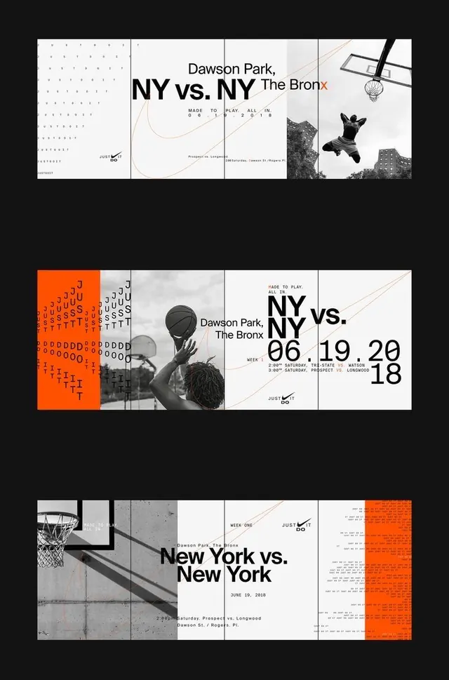 Basketball event poster series with orange accent block, geometric, dark-mode, dark