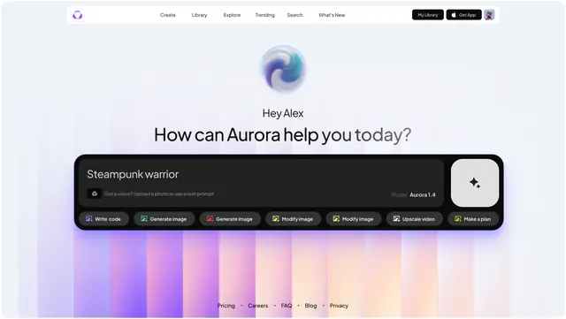 Aurora AI assistant interface, minimal, gradient-heavy, light