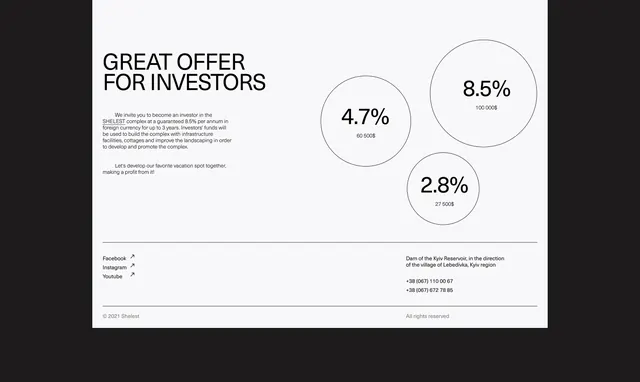 Investment offer layout with circular percentage indicators, minimal, corporate-clean, light
