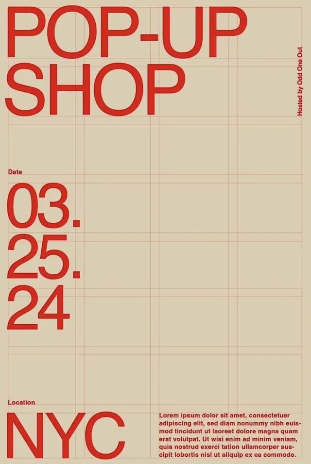 Pop-up shop event poster with grid and bold red type, minimal, retro, light