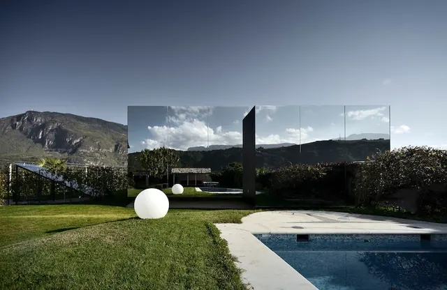 Modern Architectural Landscape with Glass Structure, minimal, luxury, cool