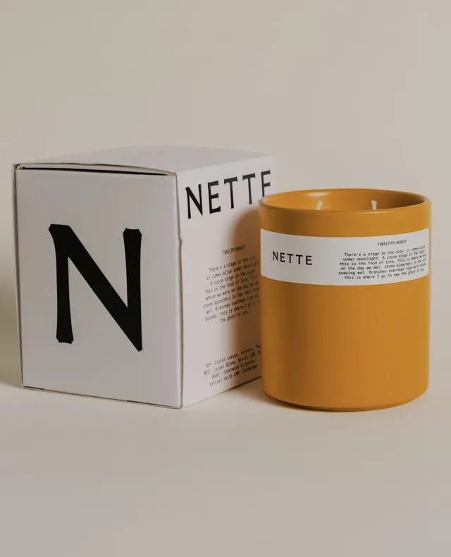 Nette candle packaging with monogram box, minimal, corporate-clean, light