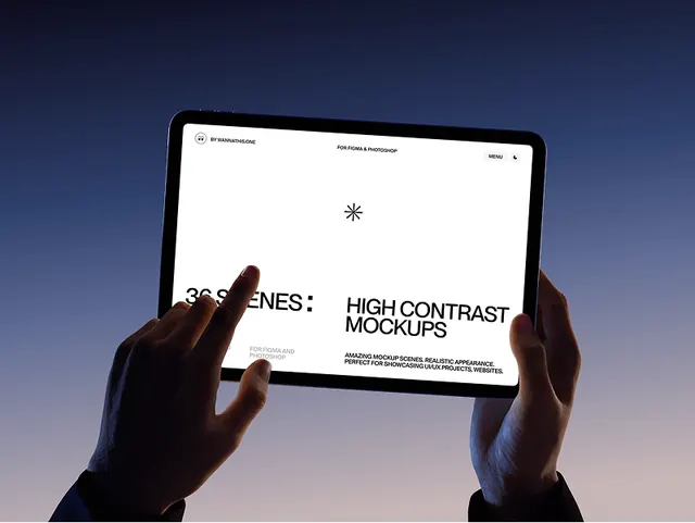 Hands-holding tablet UI mockup, minimal, dark