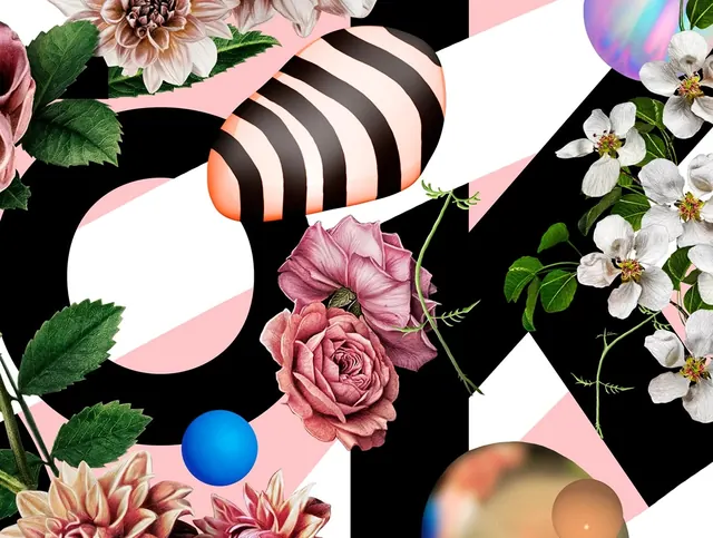 Floral and Geometric Abstract Collage, maximalist, playful, vibrant