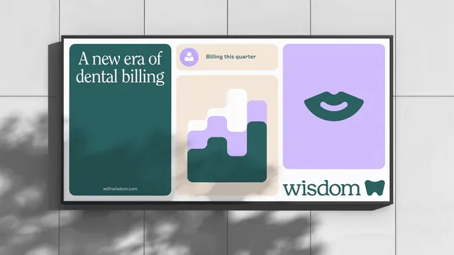 Dental billing software marketing mockup with teal and lavender, minimal, corporate-clean, light
